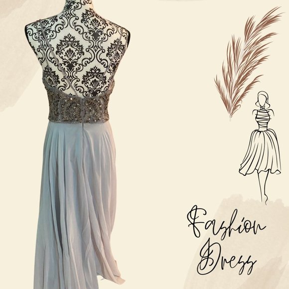 Grey Plunging V-neck Beaded Chiffon Evening Dress - Size 4 - Picture 3 of 5